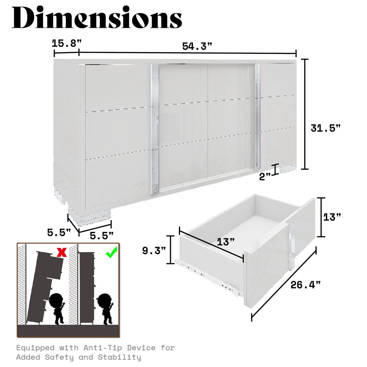 Lena 6-Drawers Dresser - White