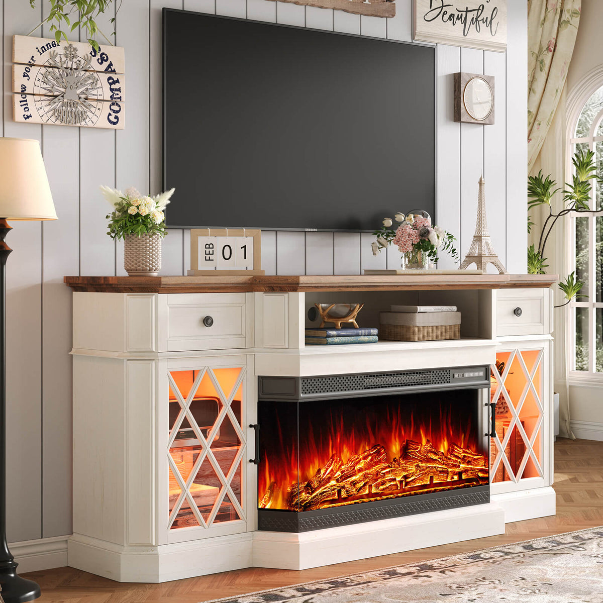 Weston 70" Bevel Fireplace TV Stand - Antique White