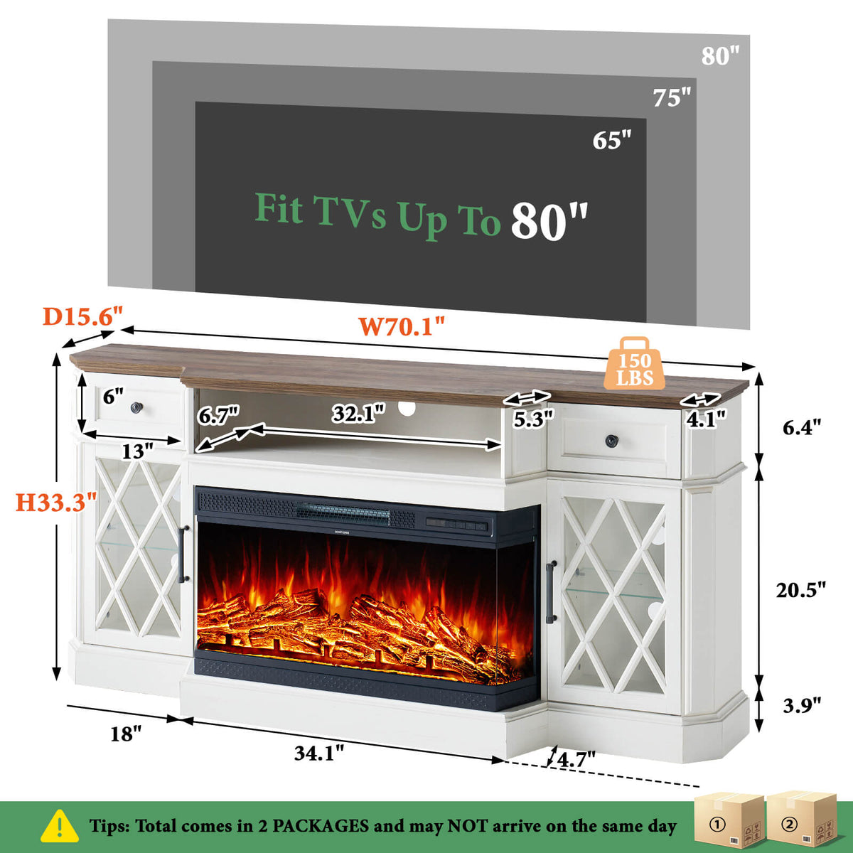 Weston 70" Bevel Fireplace TV Stand - Antique White