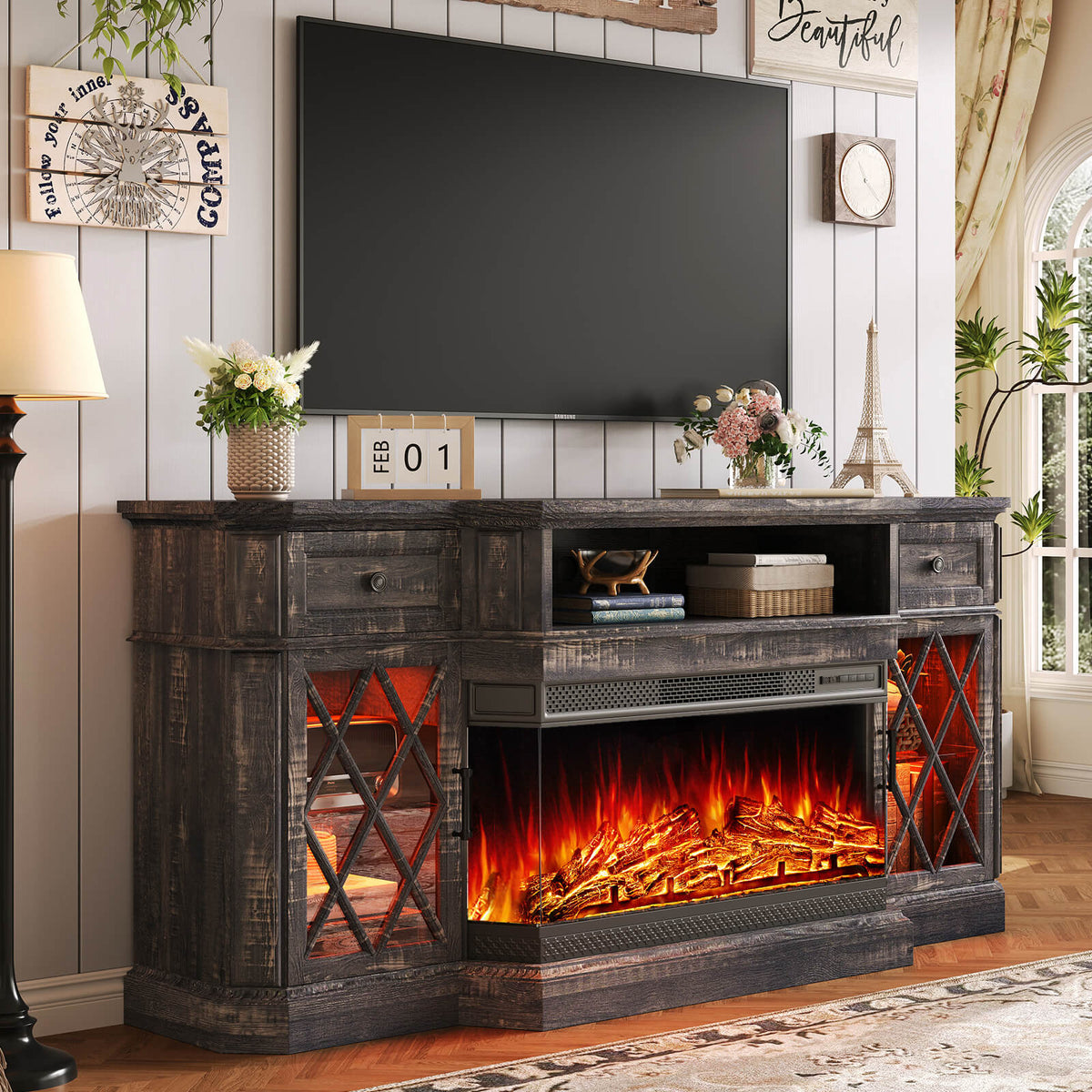 Weston 70" Bevel Fireplace TV Stand - Black Oak