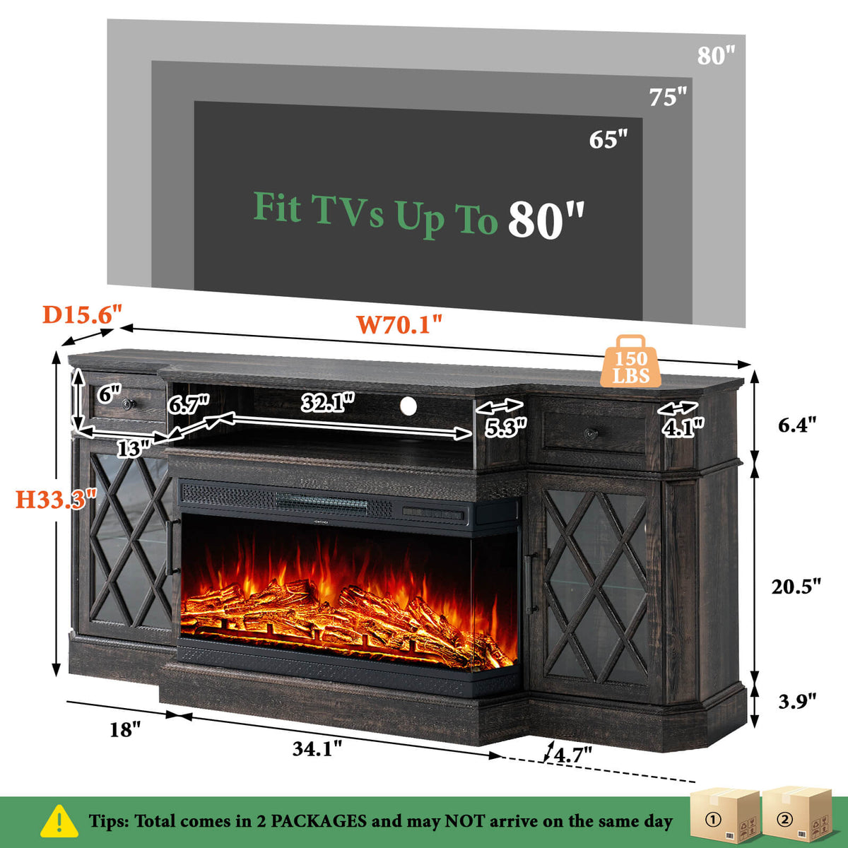 Weston 70" Bevel Fireplace TV Stand - Black Oak