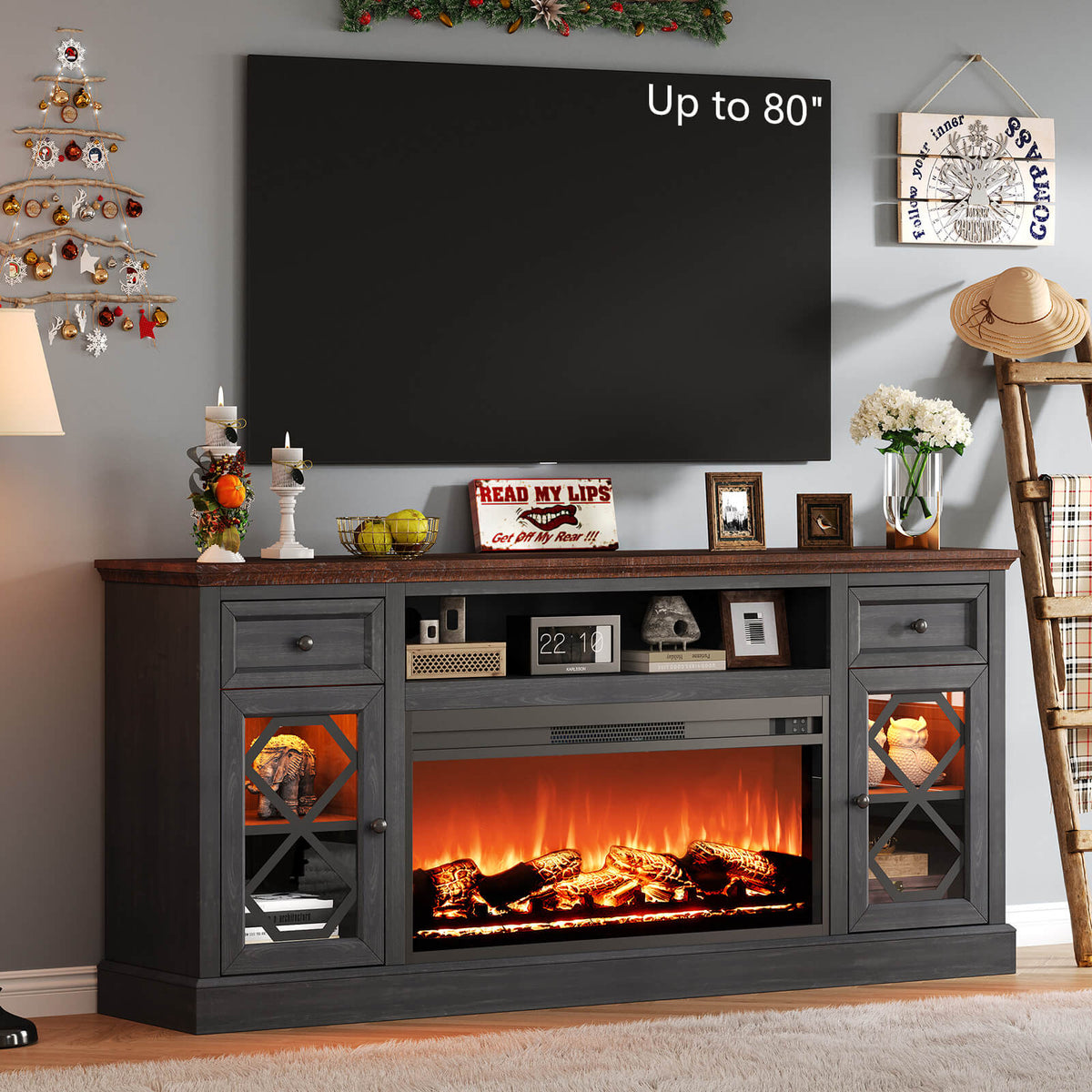 Liviana 70" Fireplace TV Stand - Espresso & Drak Grey