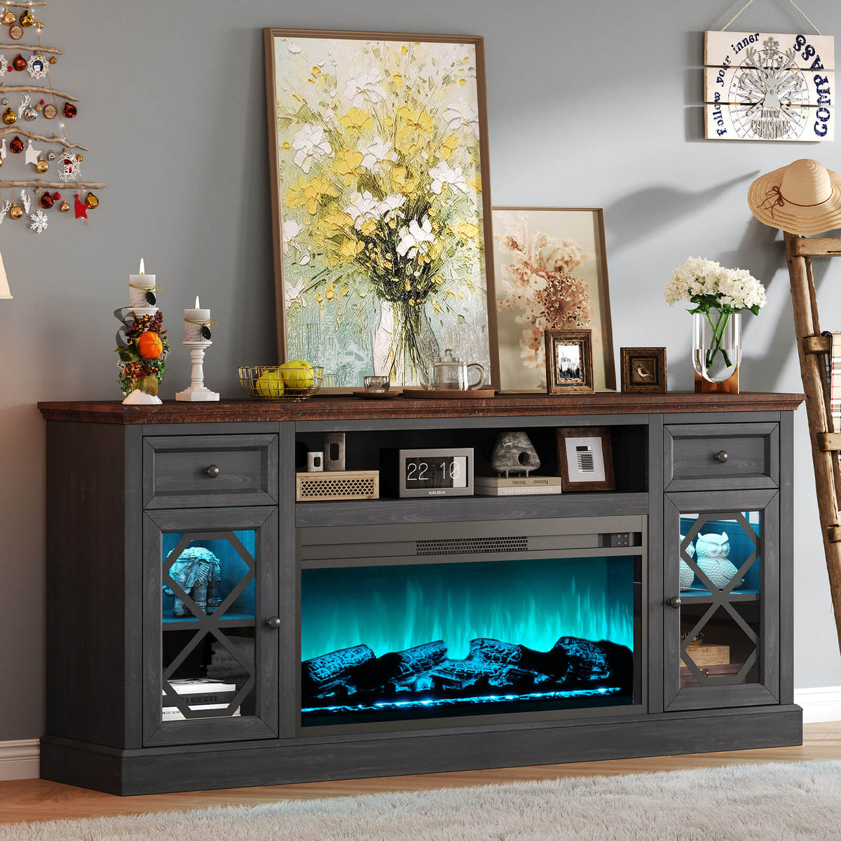 Liviana 70" Fireplace TV Stand - Espresso & Drak Grey