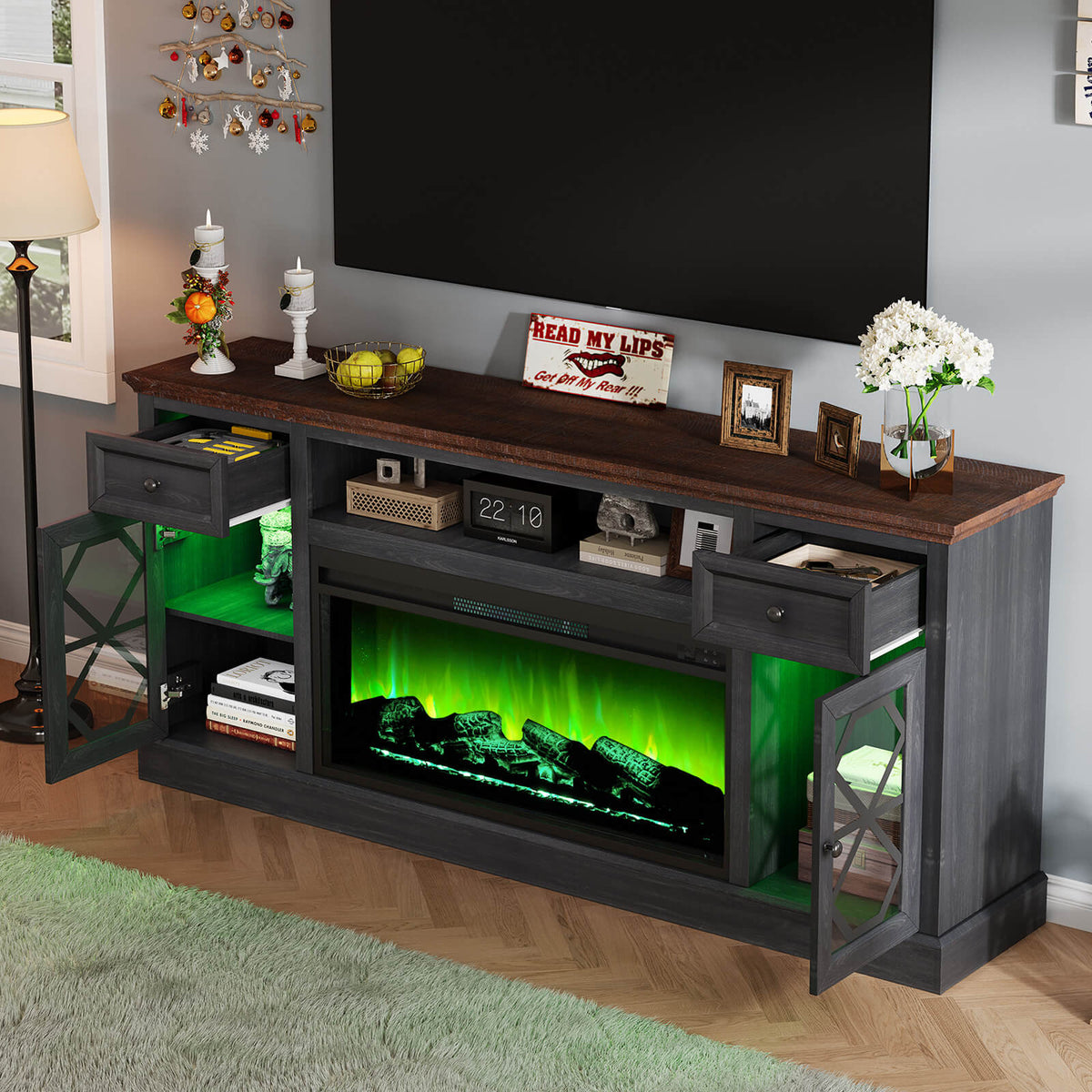 Liviana 70" Fireplace TV Stand - Espresso & Drak Grey