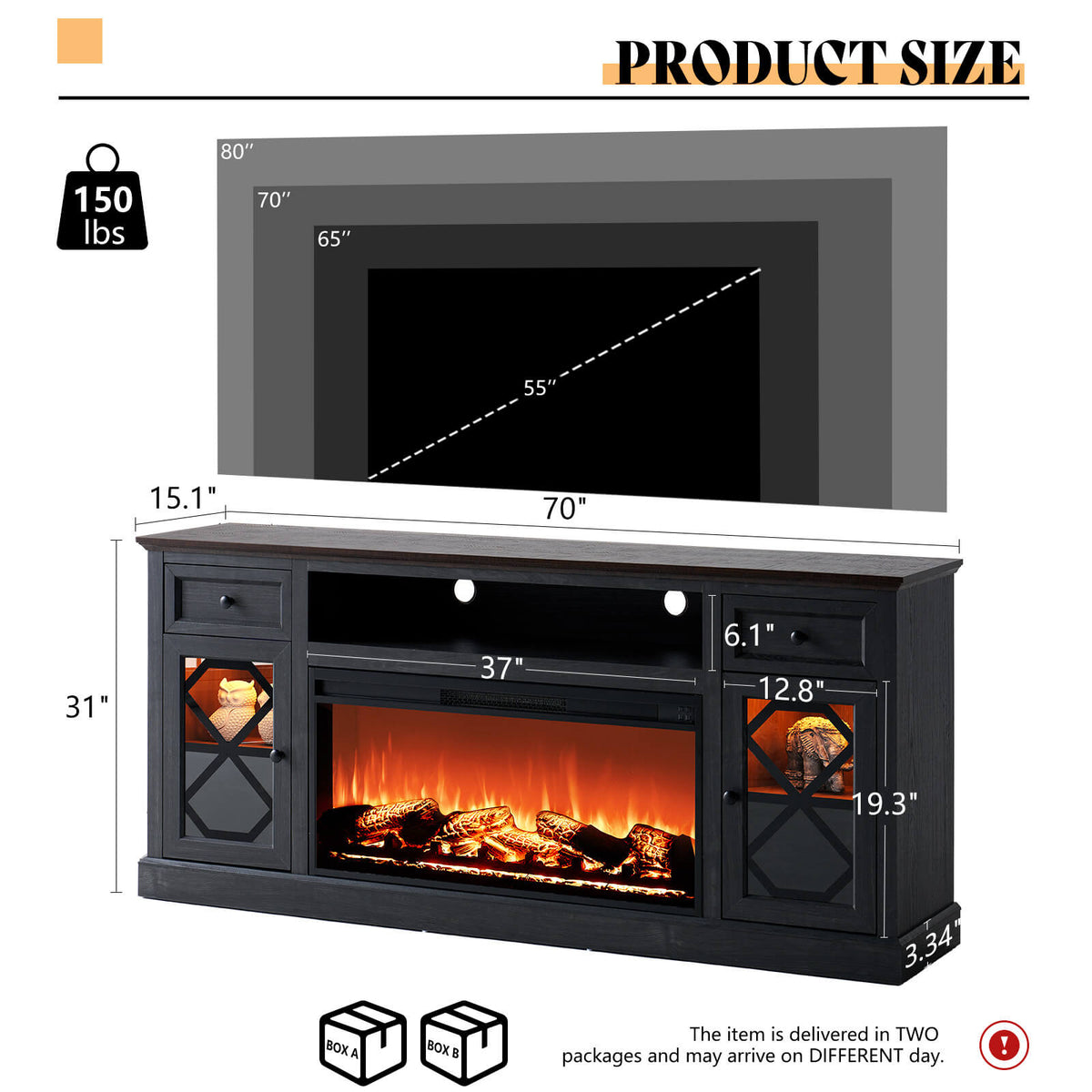 Liviana 70" Fireplace TV Stand - Espresso & Drak Grey