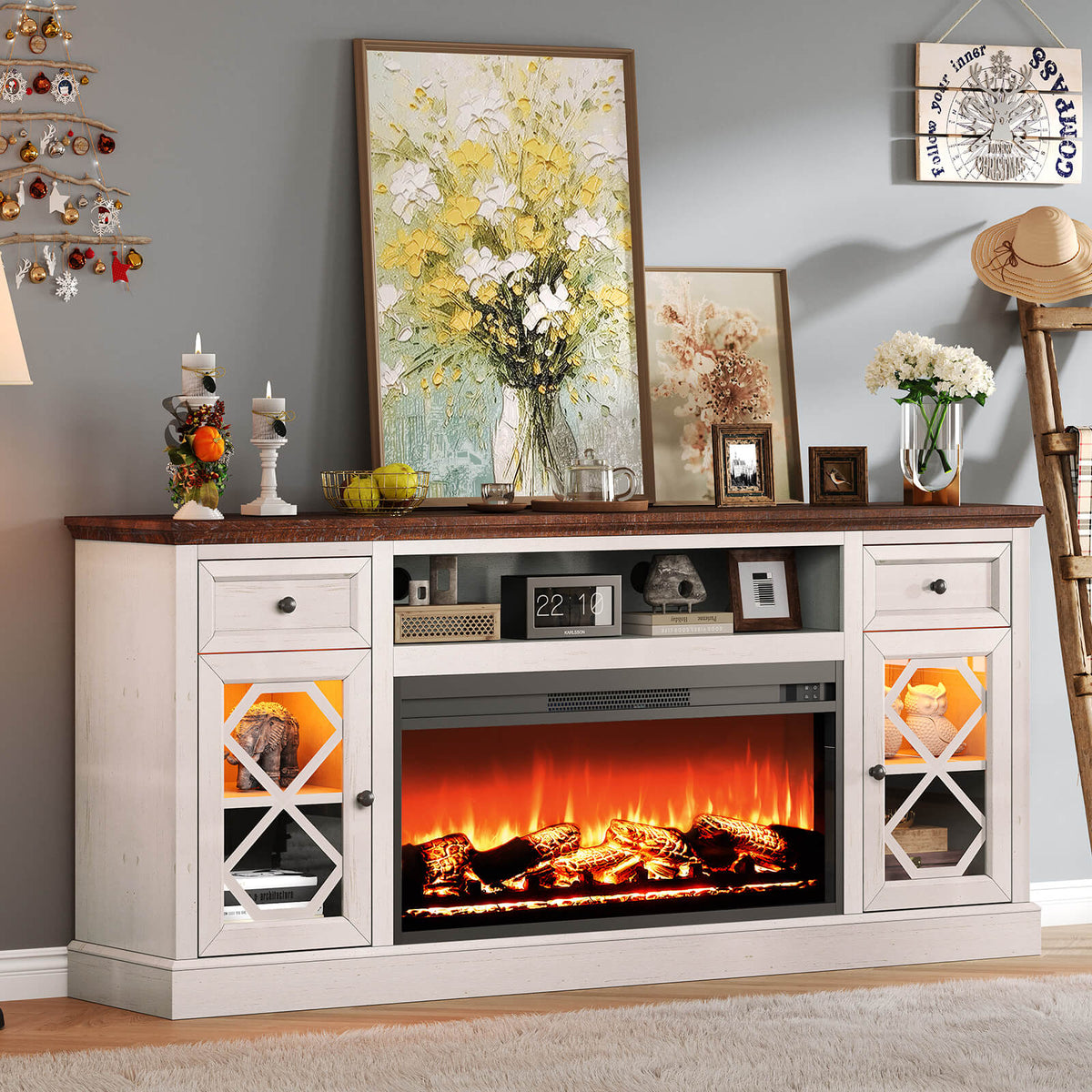 Liviana 70" Fireplace TV Stand - Espresso & White