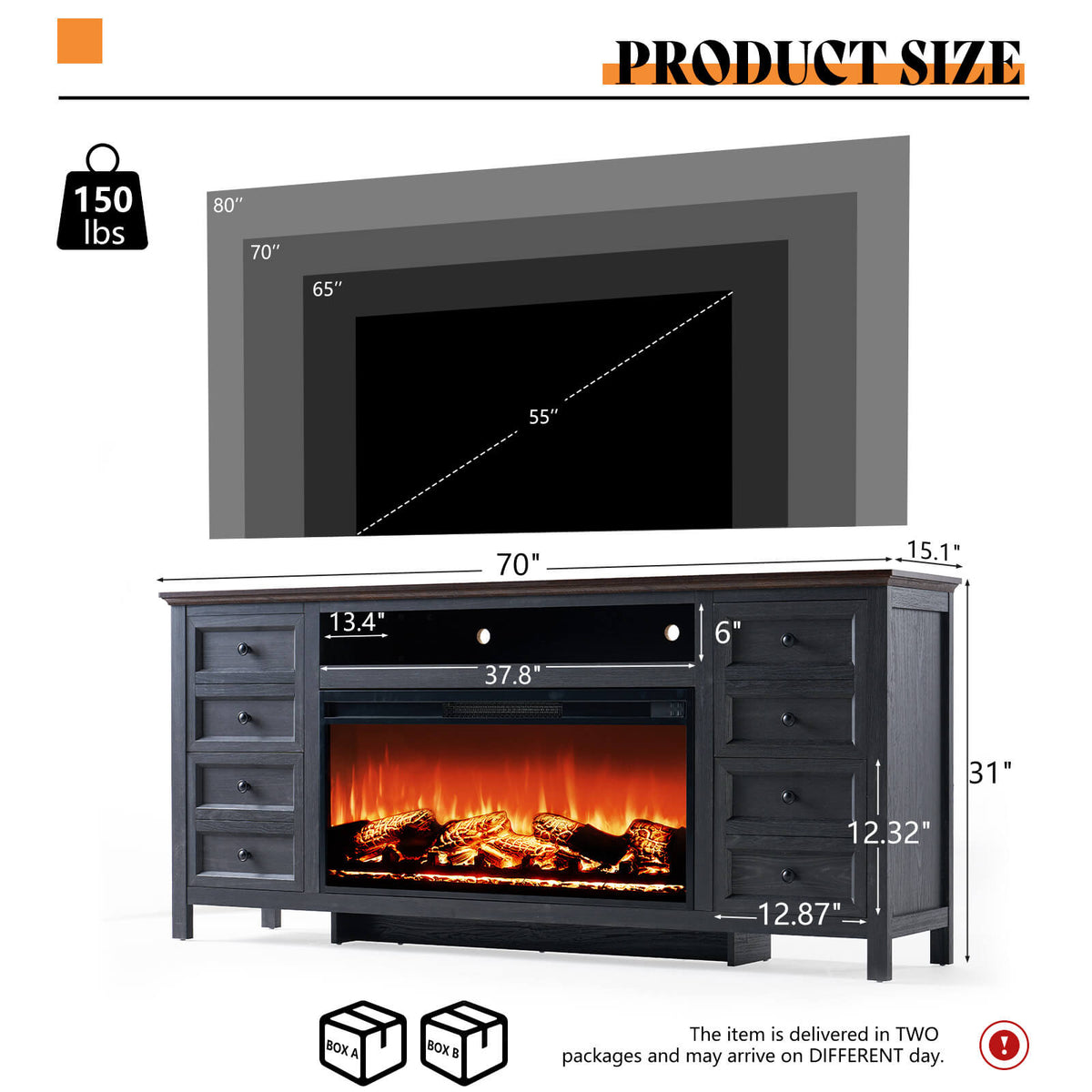 Shipston 70" Fireplace TV Stand - Espresso & Dark Gray
