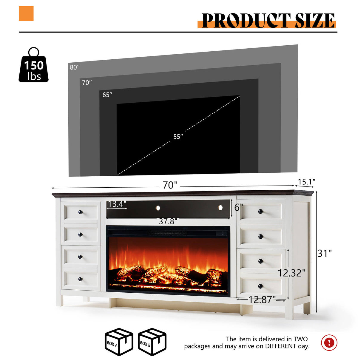 Shipston 70" Fireplace TV Stand - Espresso & white
