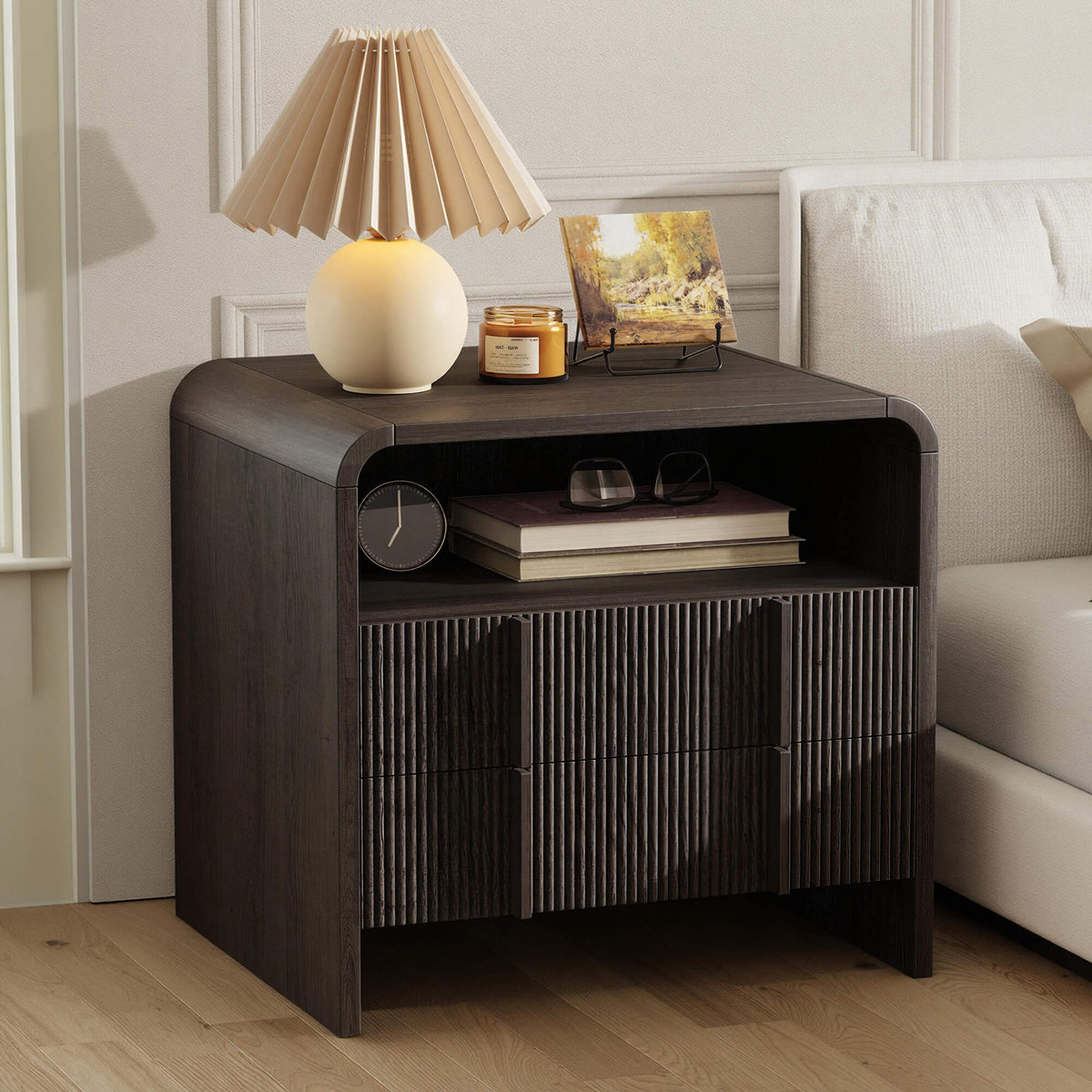 Fynora Fluted Nightstand with Drawers - Black