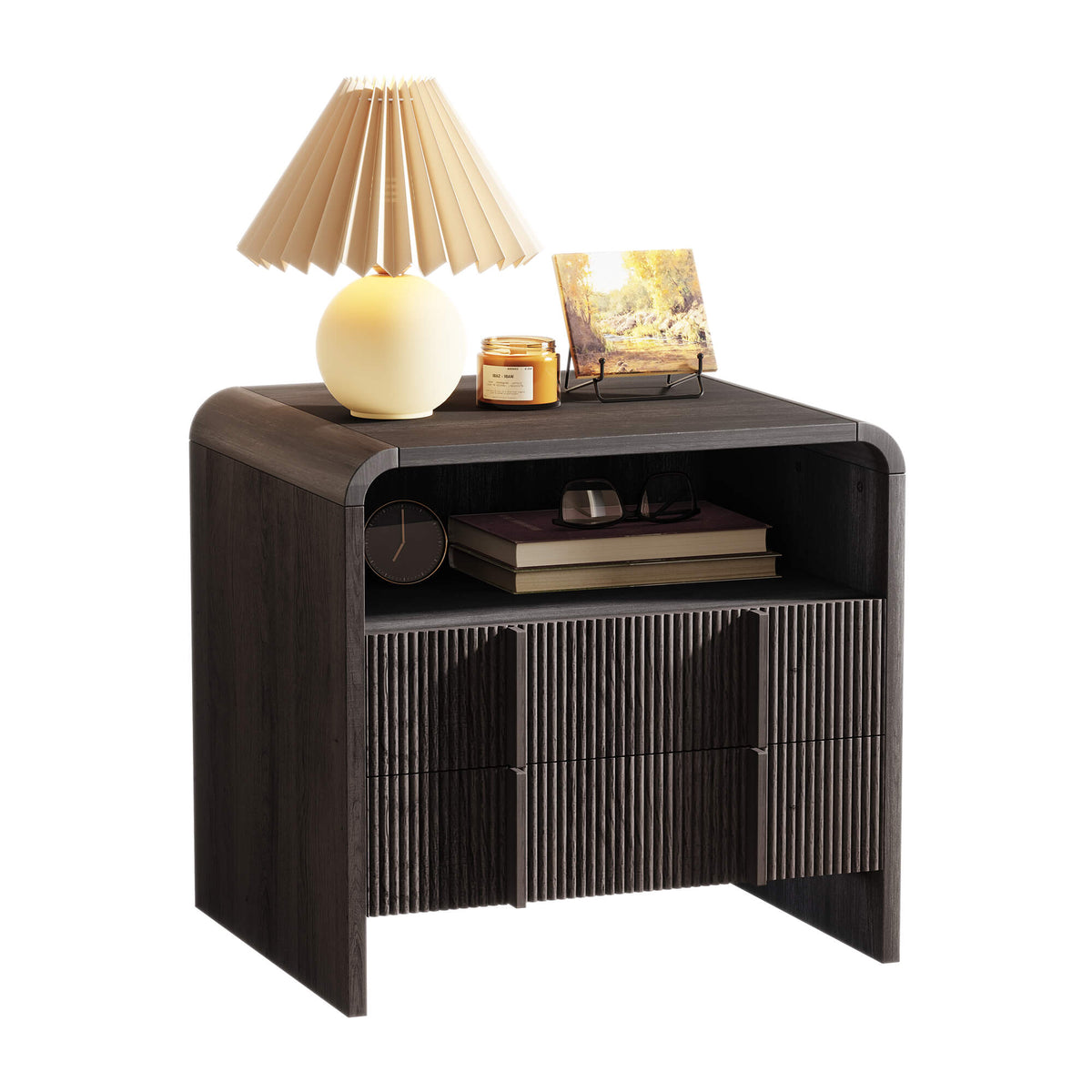 Fynora Fluted Nightstand with Drawers - Black