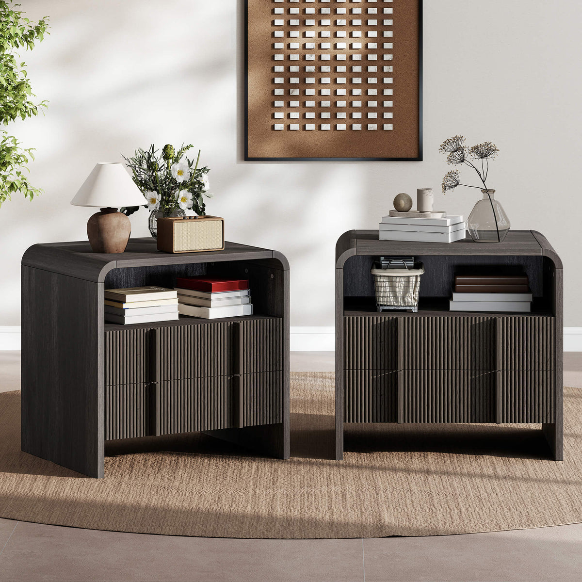 Fynora Fluted Nightstand with Drawers - Black2