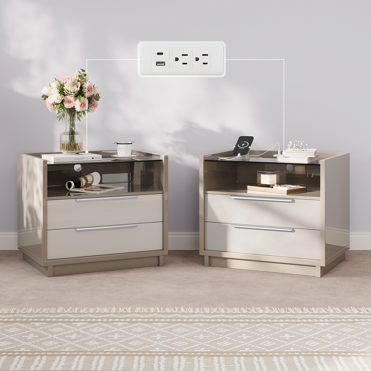 Kino Nightstands 23.6" High Gloss - Pair / White&Gray