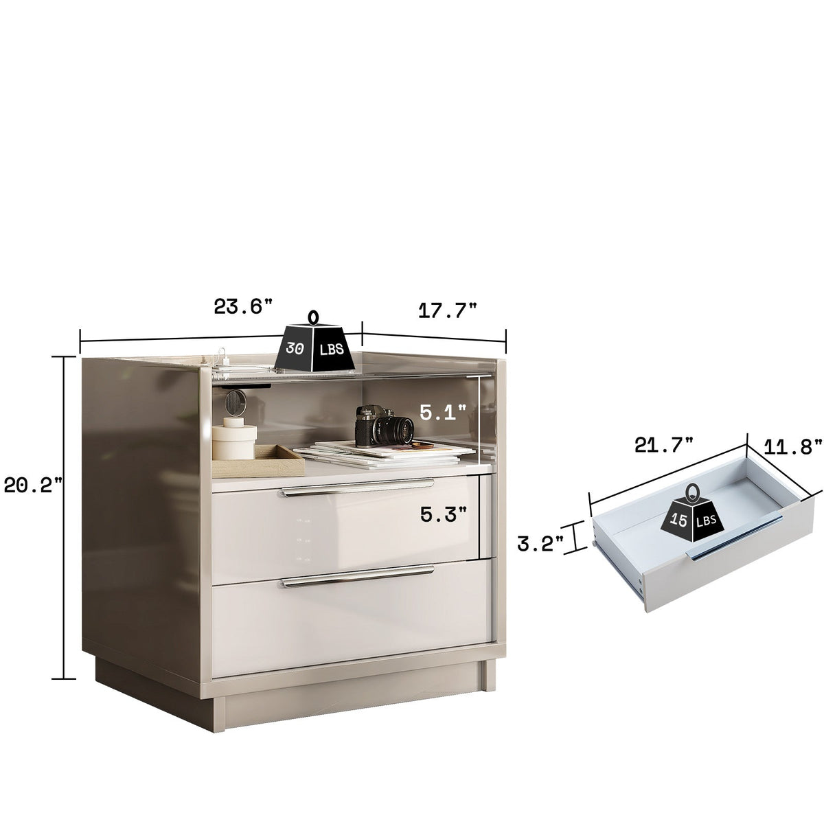 Kino Nightstands 23.6" High Gloss - Pair / White&Gray