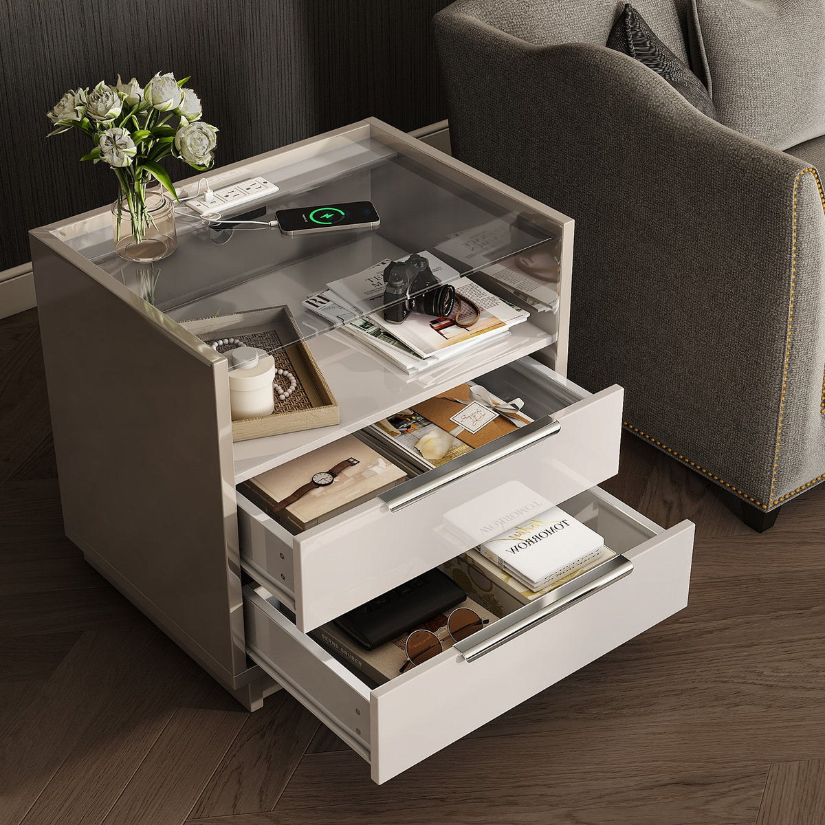 Kino Nightstands 23.6" High Gloss - Pair / White&Gray