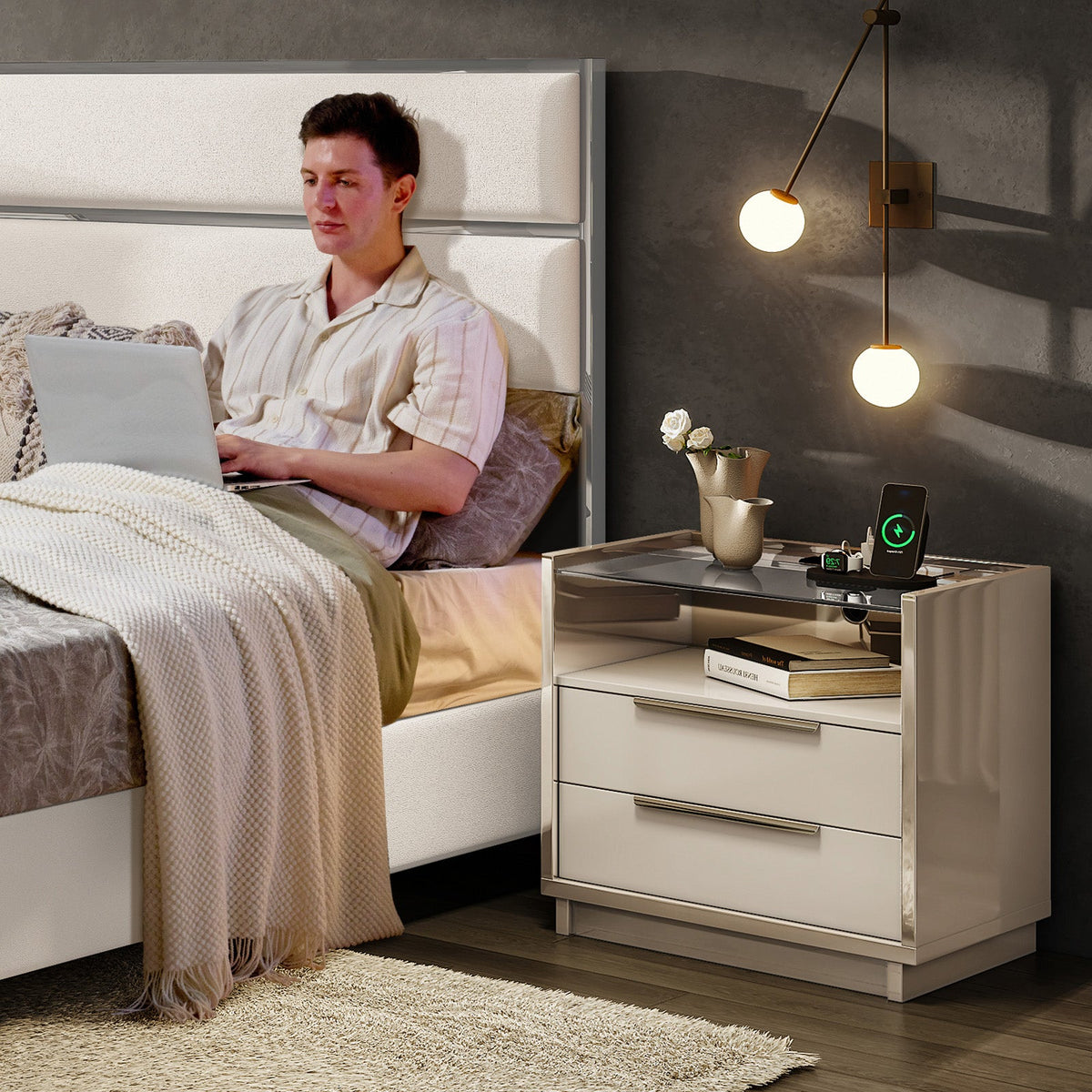 Kino Nightstands 23.6" High Gloss - Pair / White&Gray
