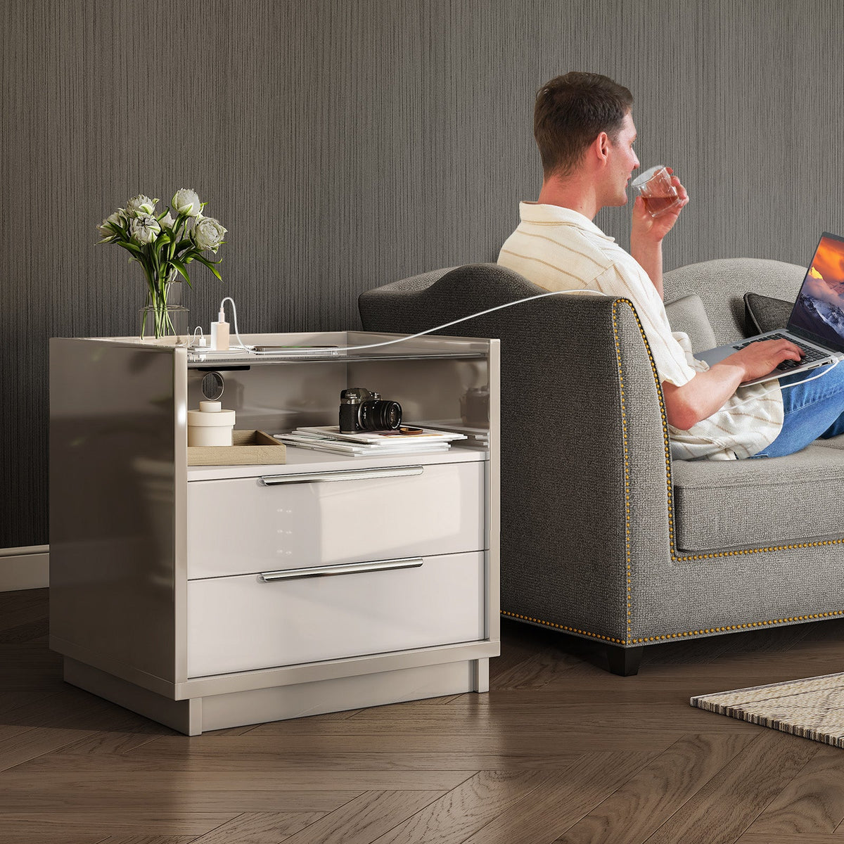 Kino Nightstands 23.6" High Gloss - Pair / White&Gray
