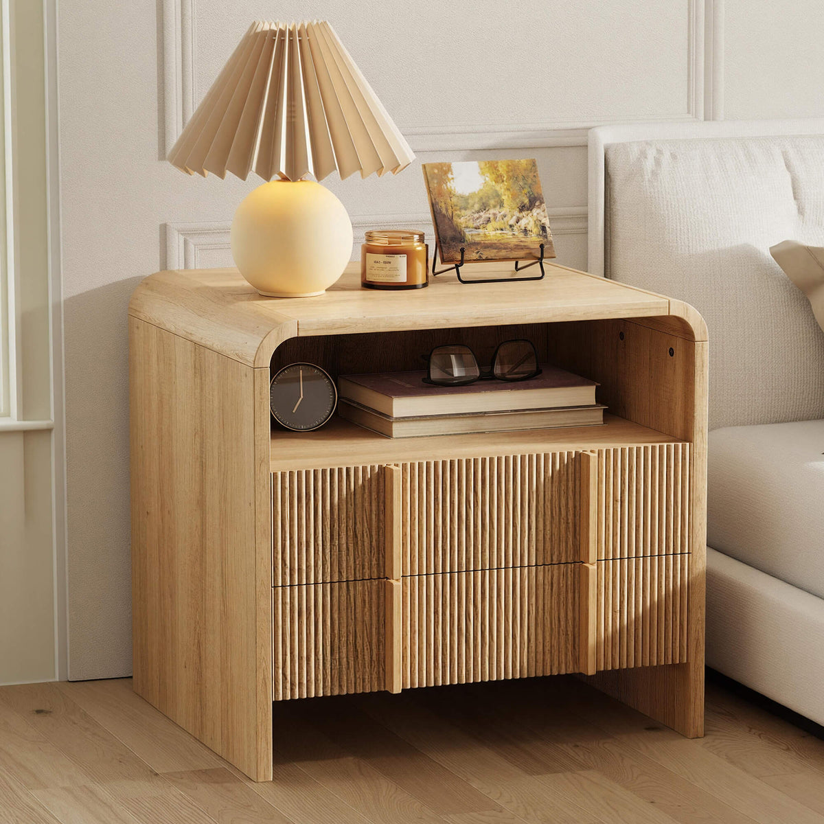 Fynora Fluted Nightstand with Drawers - Oak