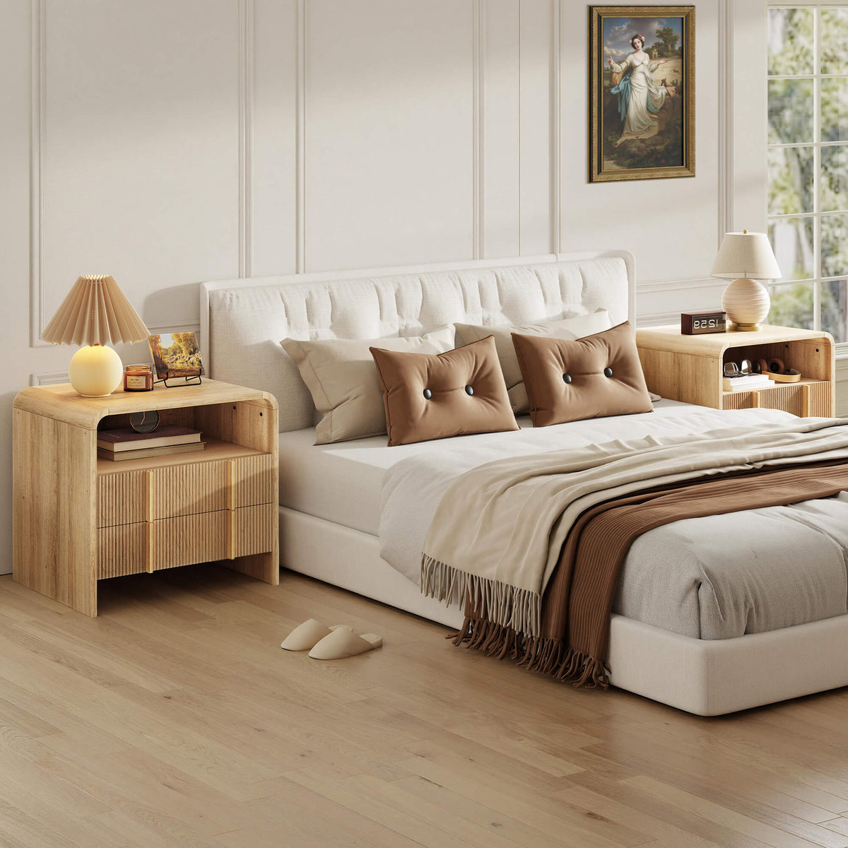 Fynora Fluted Nightstand with Drawers - Oak