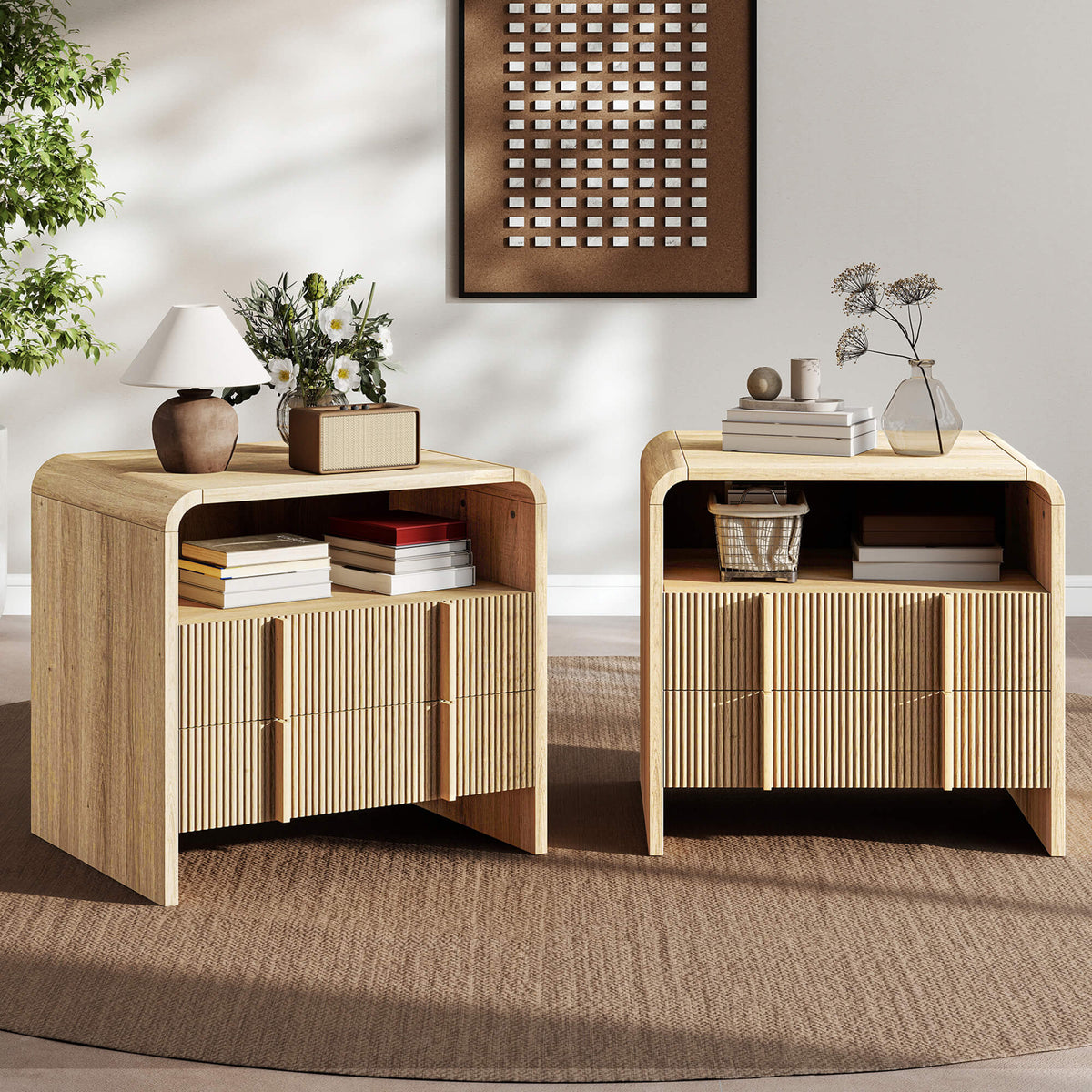 Fynora Fluted Nightstand with Drawers - Oak2