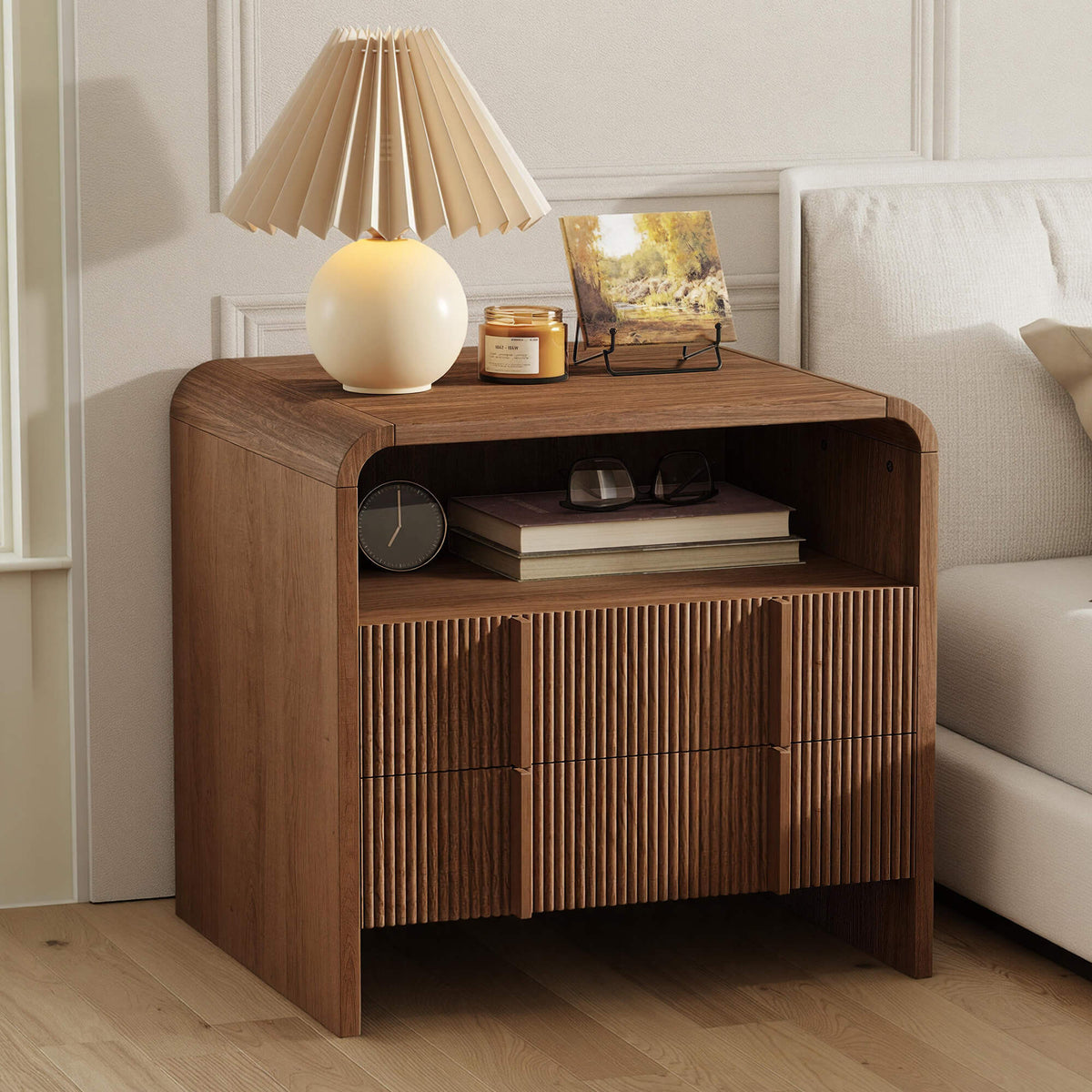 Fynora Fluted Nightstand with Drawers - Walnut
