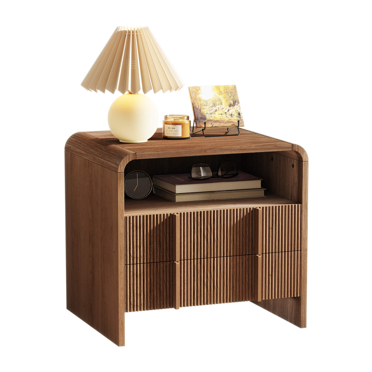 Fynora Fluted Nightstand with Drawers - Walnut