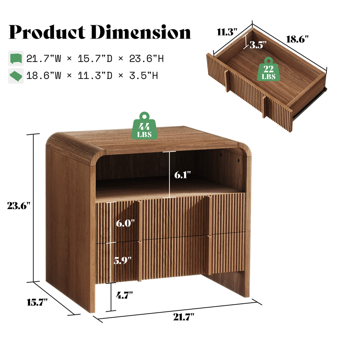 Fynora Fluted Nightstand with Drawers - Walnut
