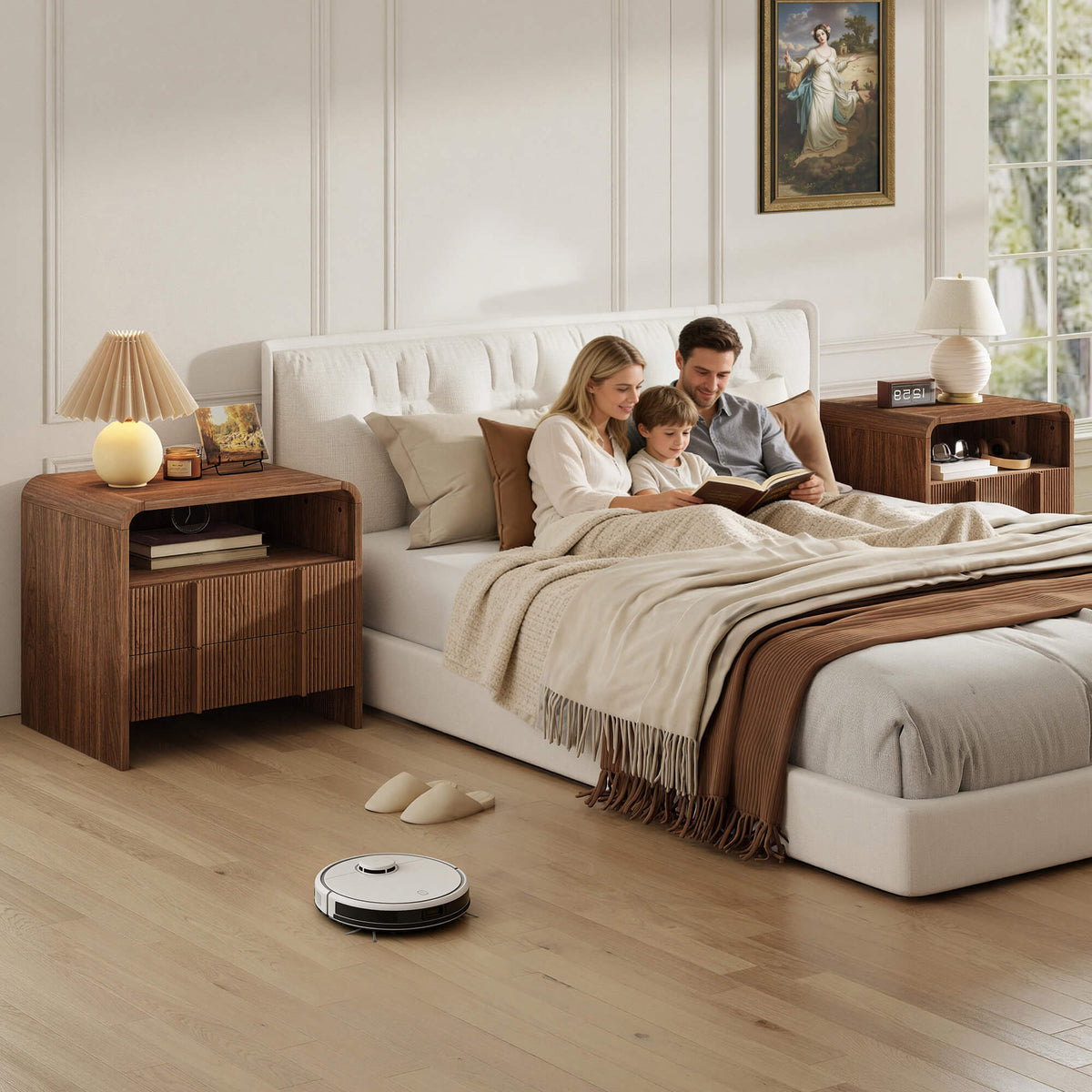 Fynora Fluted Nightstand with Drawers - Walnut