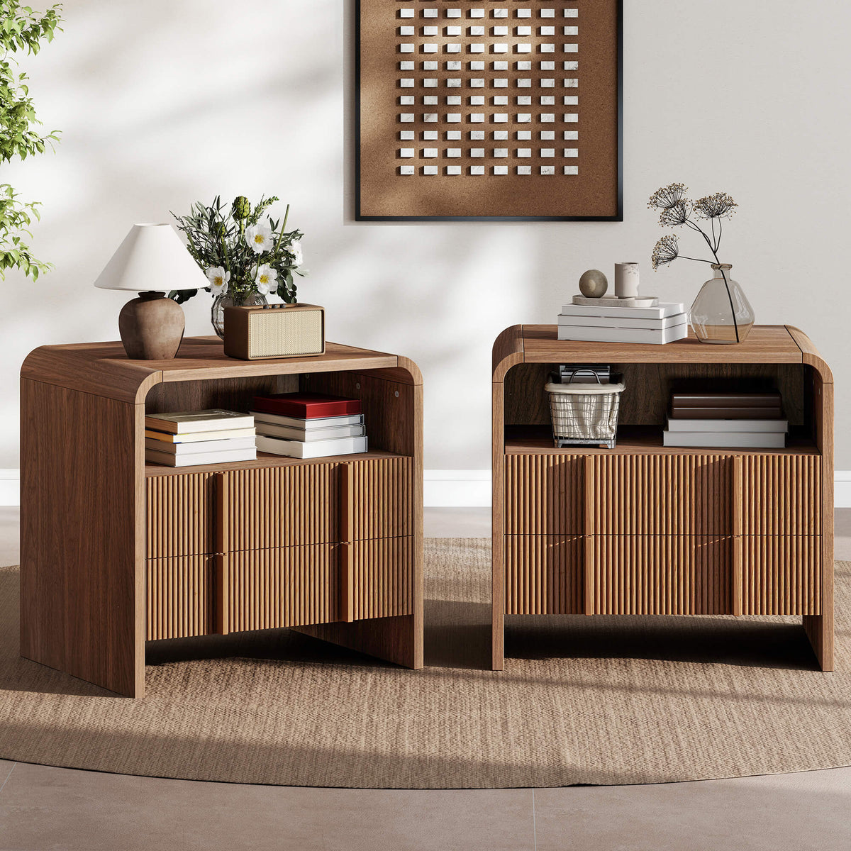 Fynora Fluted Nightstand with Drawers - Walnut2