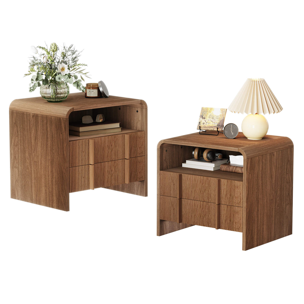 Fynora Fluted Nightstand with Drawers - Walnut2