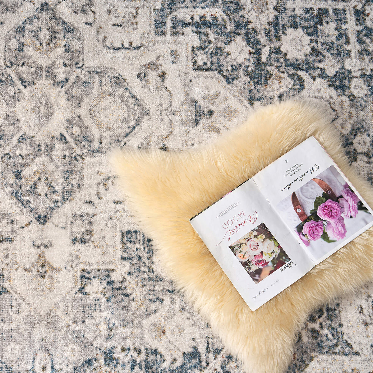 Vintage Distressed Floral Area Rug - LightBlue