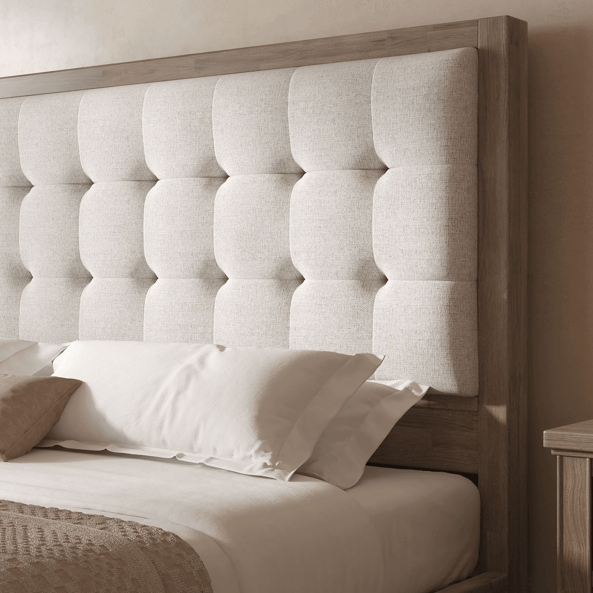 Heritage Mid-Century Solid Wood Upholstered Bed - F-GREY
