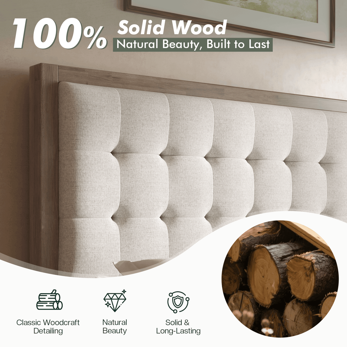 Heritage Mid-Century Solid Wood Upholstered Bed - F-GREY