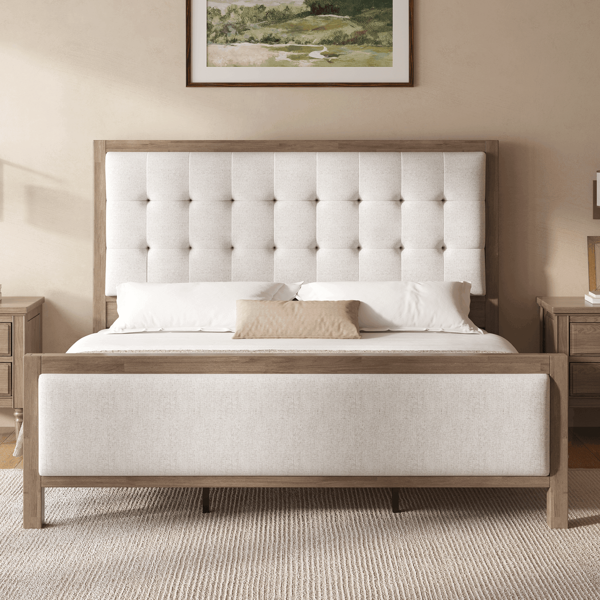 Heritage Mid-Century Solid Wood Upholstered Bed - F-GREY