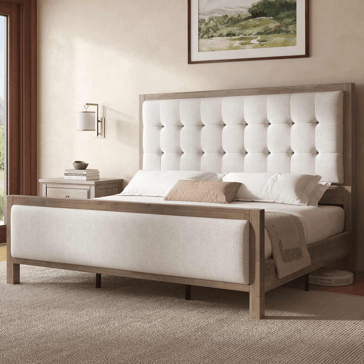 Heritage Mid-Century Solid Wood Upholstered Bed - F-GREY