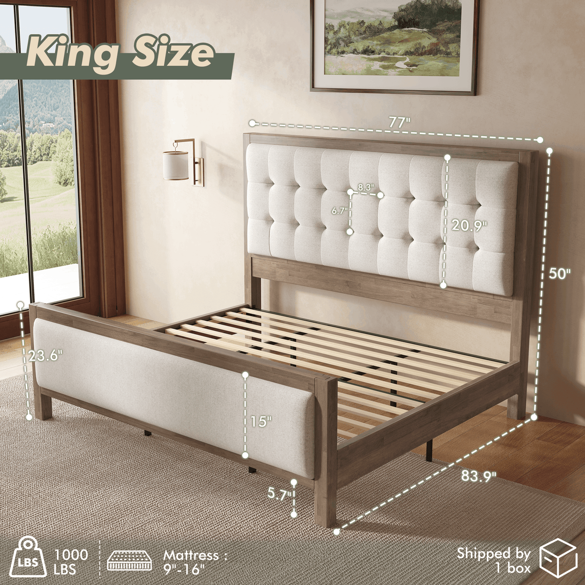Heritage Mid-Century Solid Wood Upholstered Bed - K-GREY