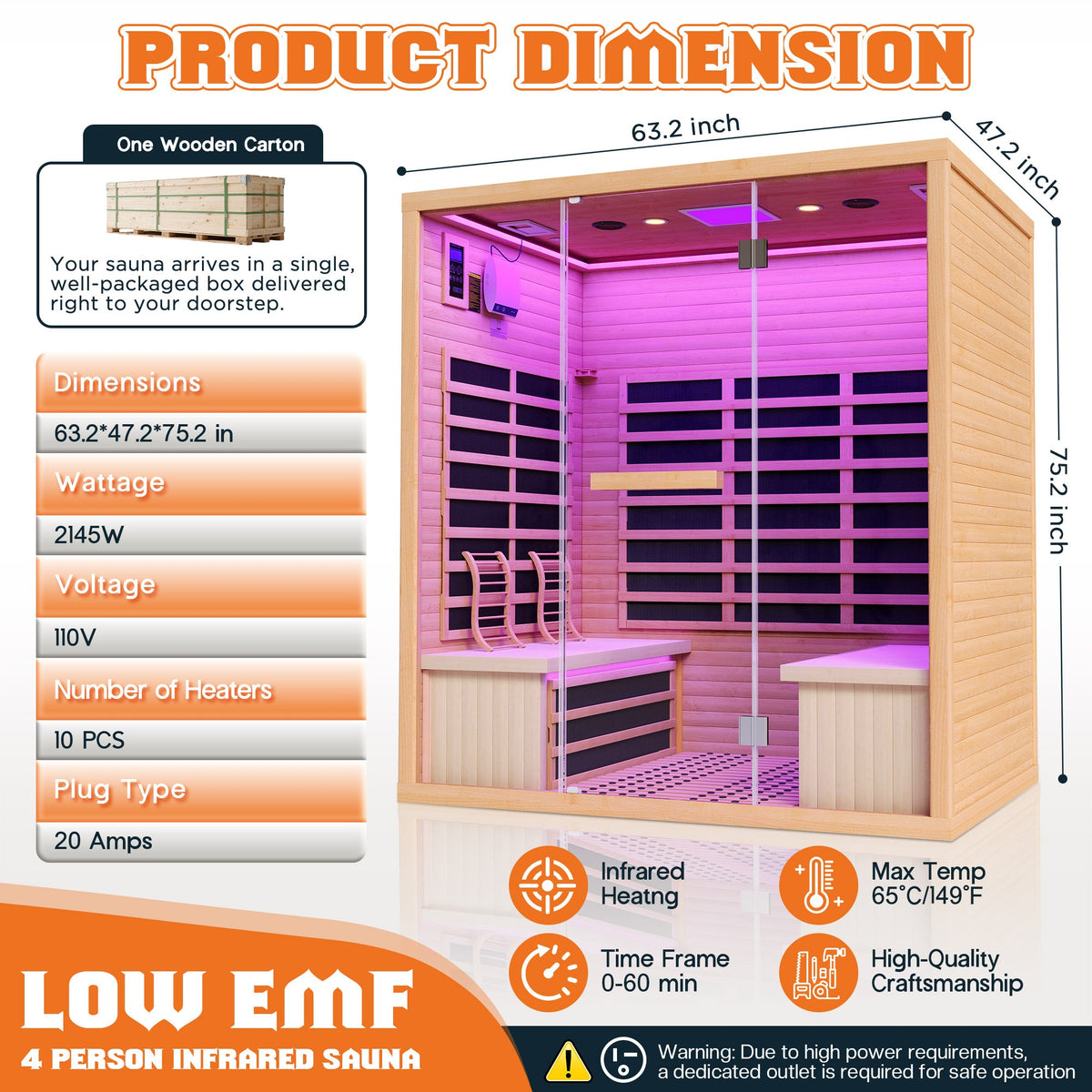 Low EMF Infrared Saunas for Home Amerlife 4-Person 63.2*47.2*75.2 Inch