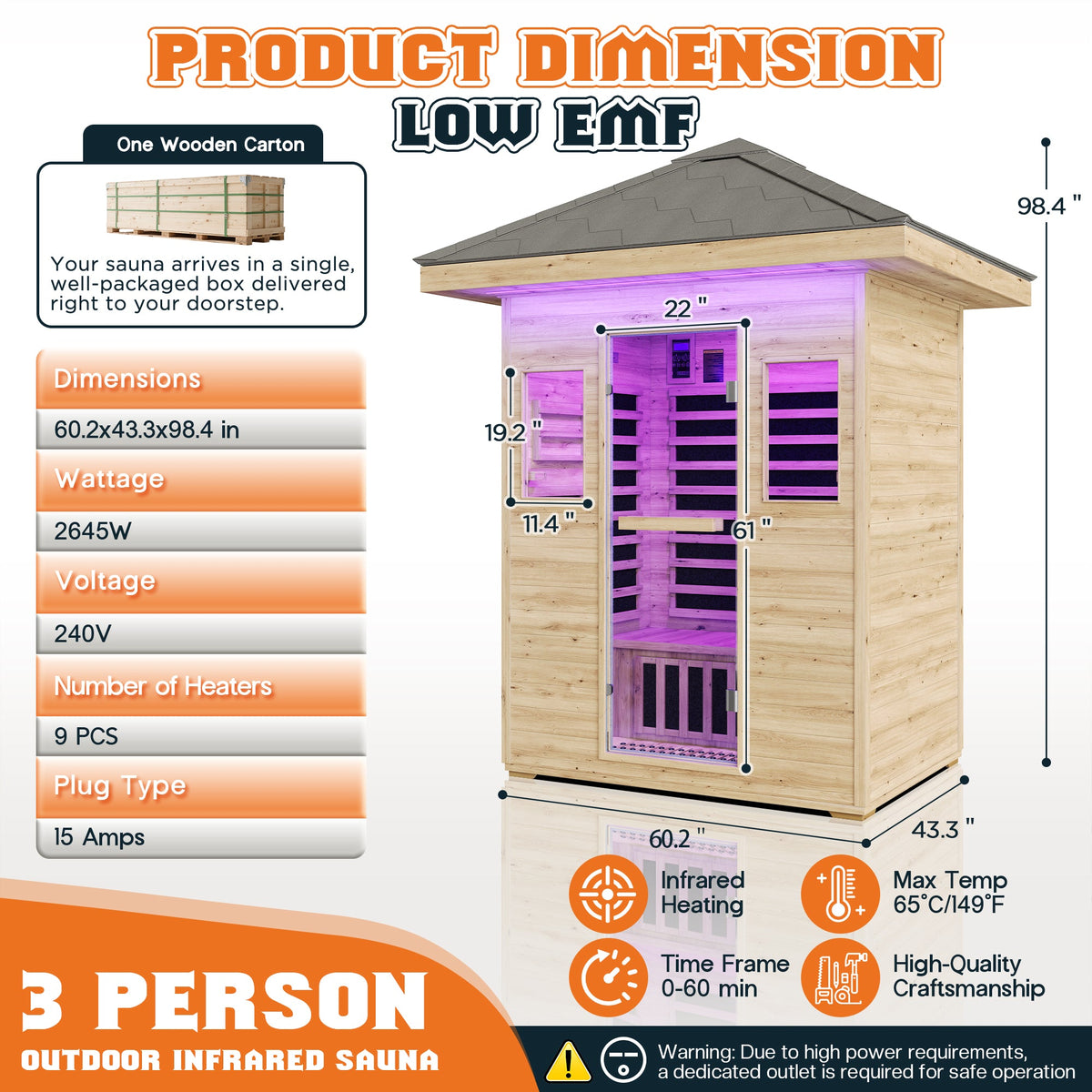Low EMF Infrared Saunas for Home Amerlife Outdoor 3-Person 60.2*43.3*98.4 Inch