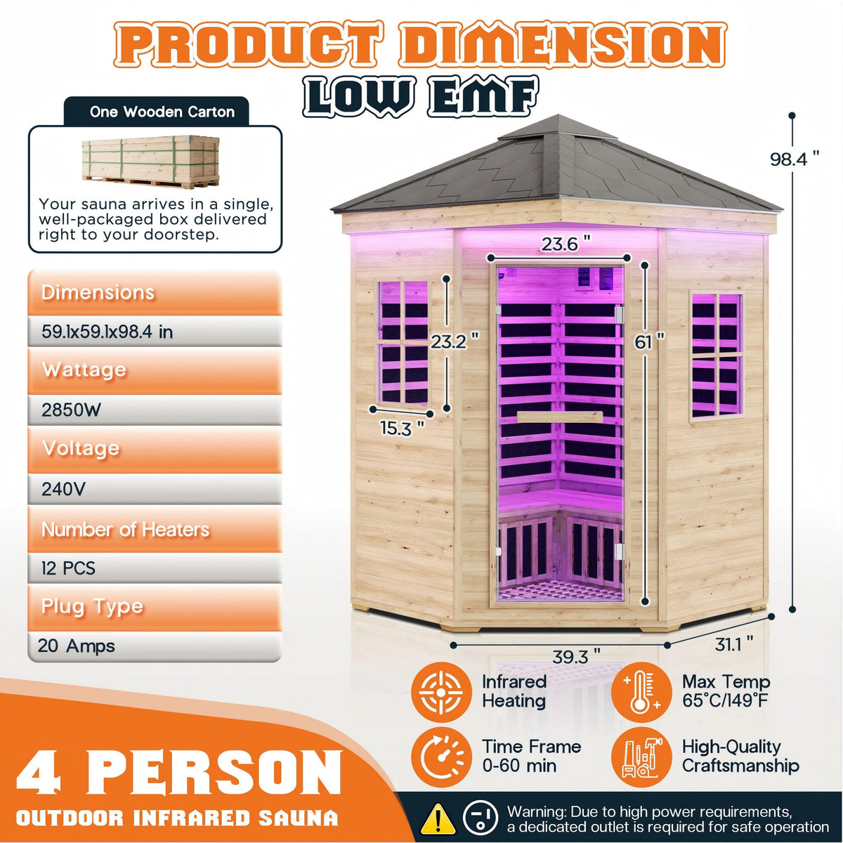 Low EMF Infrared Saunas for Home Amerlife Outdoor 4-Person 59.1*59.1*98.4 Inch