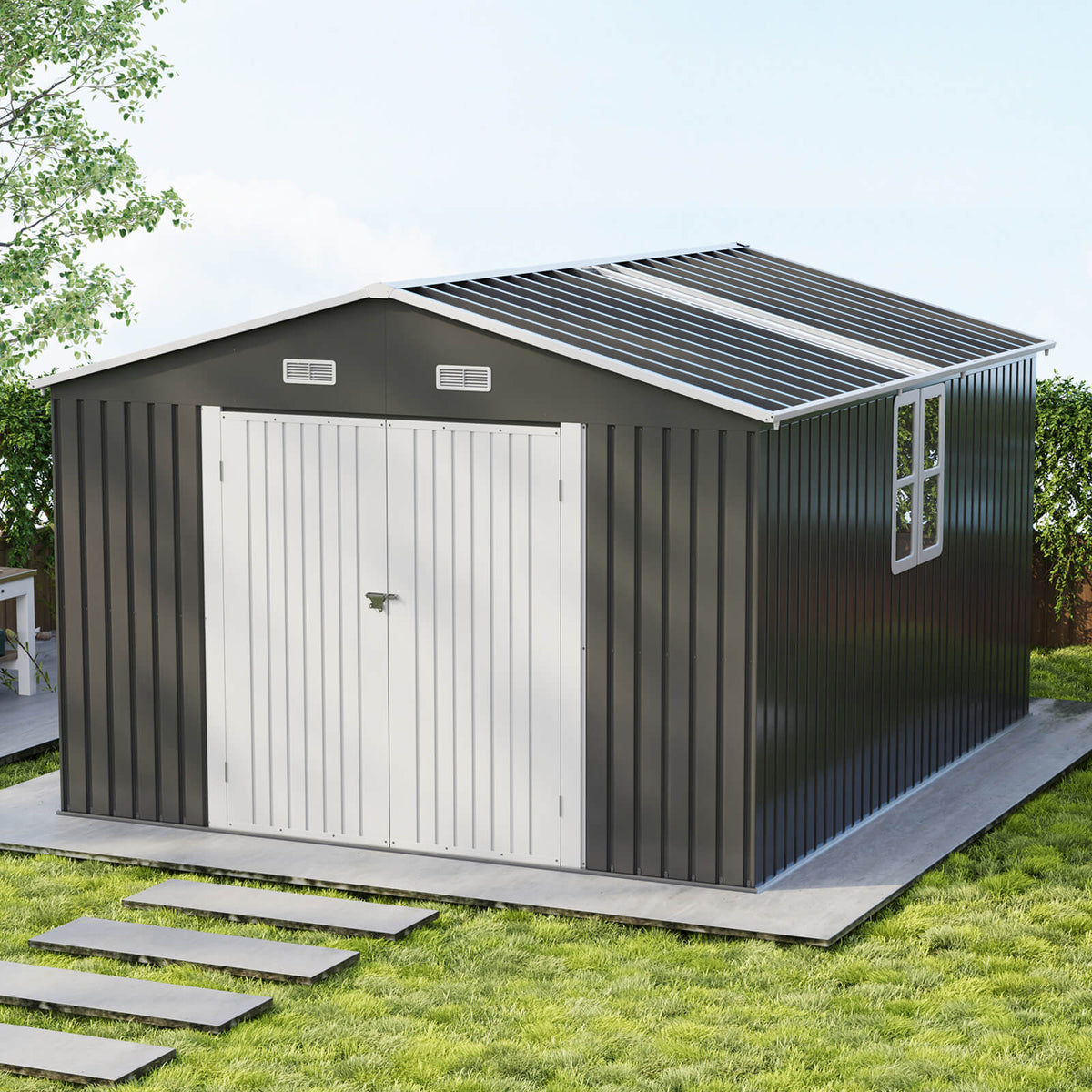 Outdoor Storage Shed with Transparent Panels 10x12x7 FT