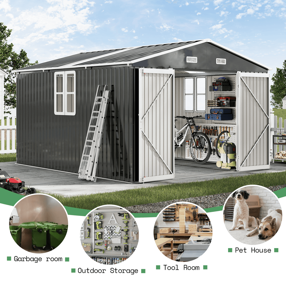 Outdoor Storage Shed with Transparent Panels 10x12x7 FT
