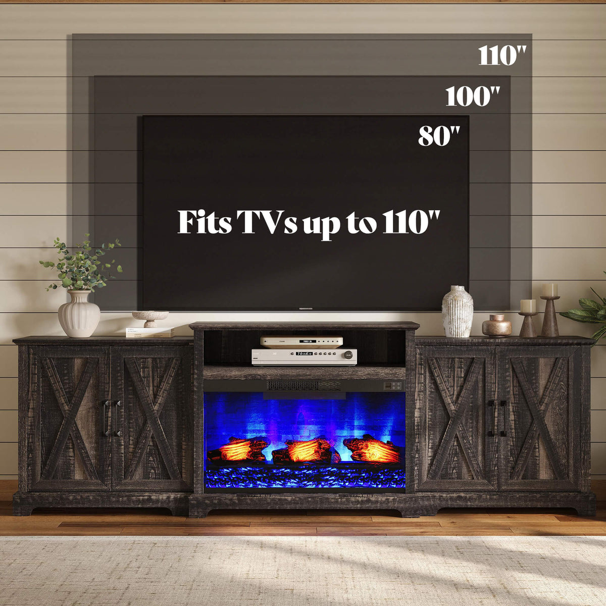 Vista Extra-Wide Fireplace TV Stand Amerlife 97" / Rustic Black