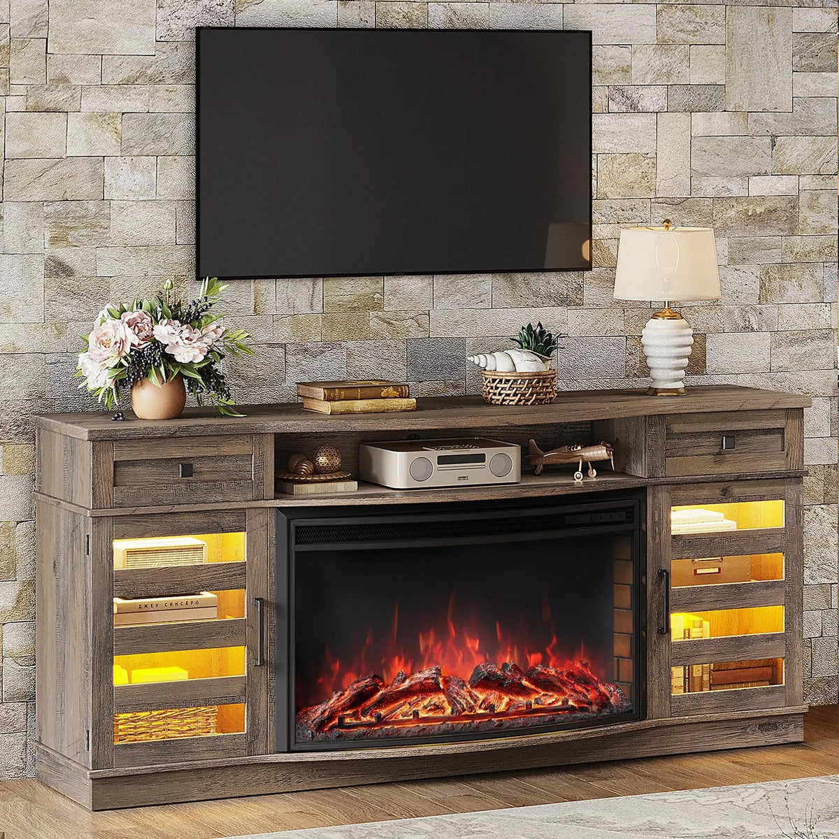 Travis 70" Fireplace TV Stand - Wash Gray
