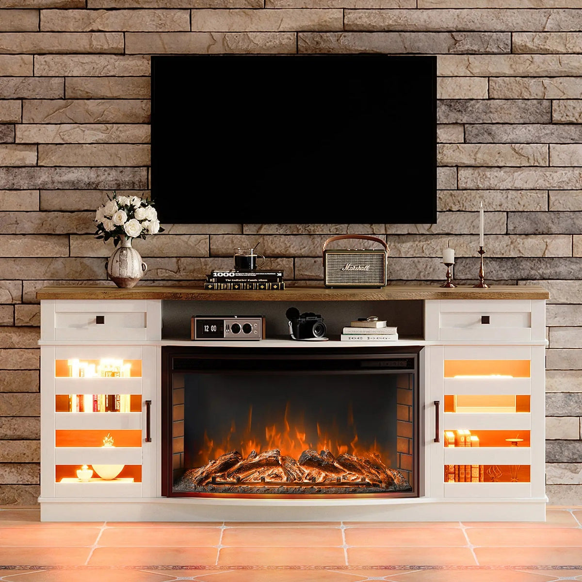 Travis 70" Fireplace TV Stand - Barnwood White