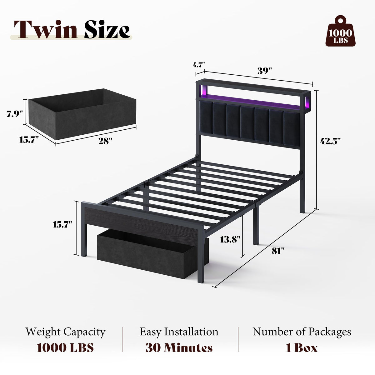Veltrix LED Storage Velvet Bed Frame Amerlife Twin / Black