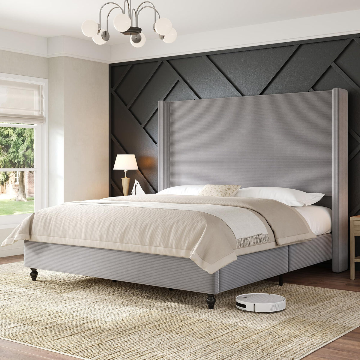 Cordelle Corduroy Wingback Bed Frame-Queen-Light Grey