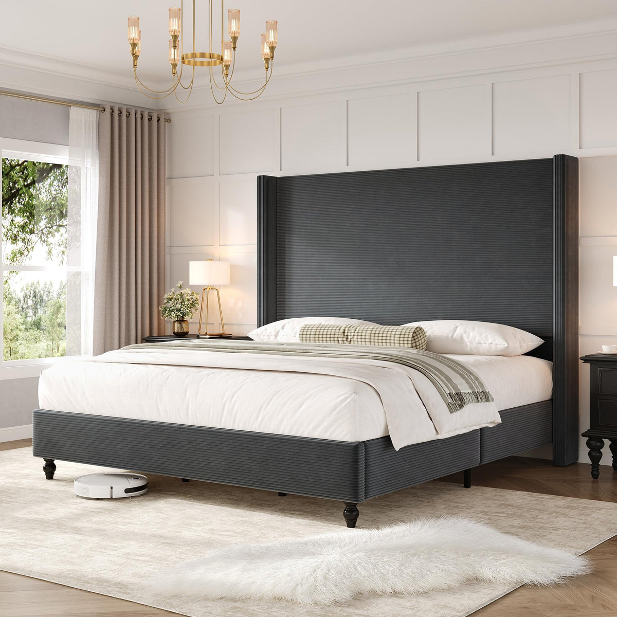 Cordelle Corduroy Wingback Bed Frame-California King-Dark Grey