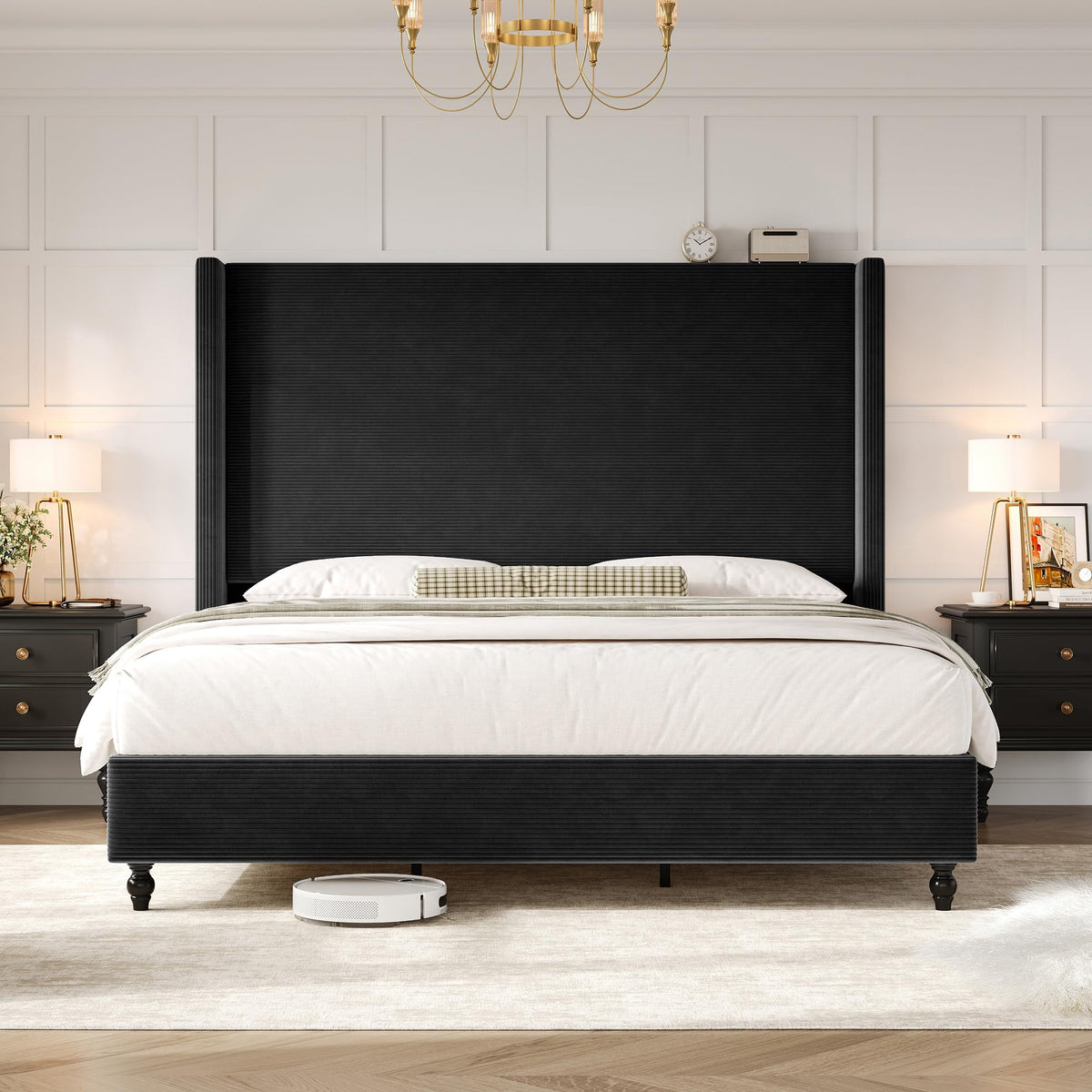 Cordelle Corduroy Wingback Bed Frame-California King-Black