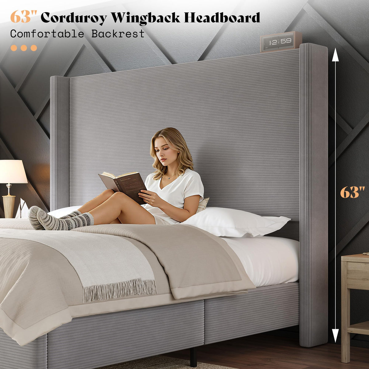 Cordelle Corduroy Wingback Bed Frame-Queen-Light Grey