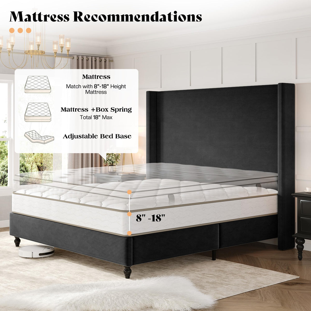 Cordelle Corduroy Wingback Bed Frame-California King-Black