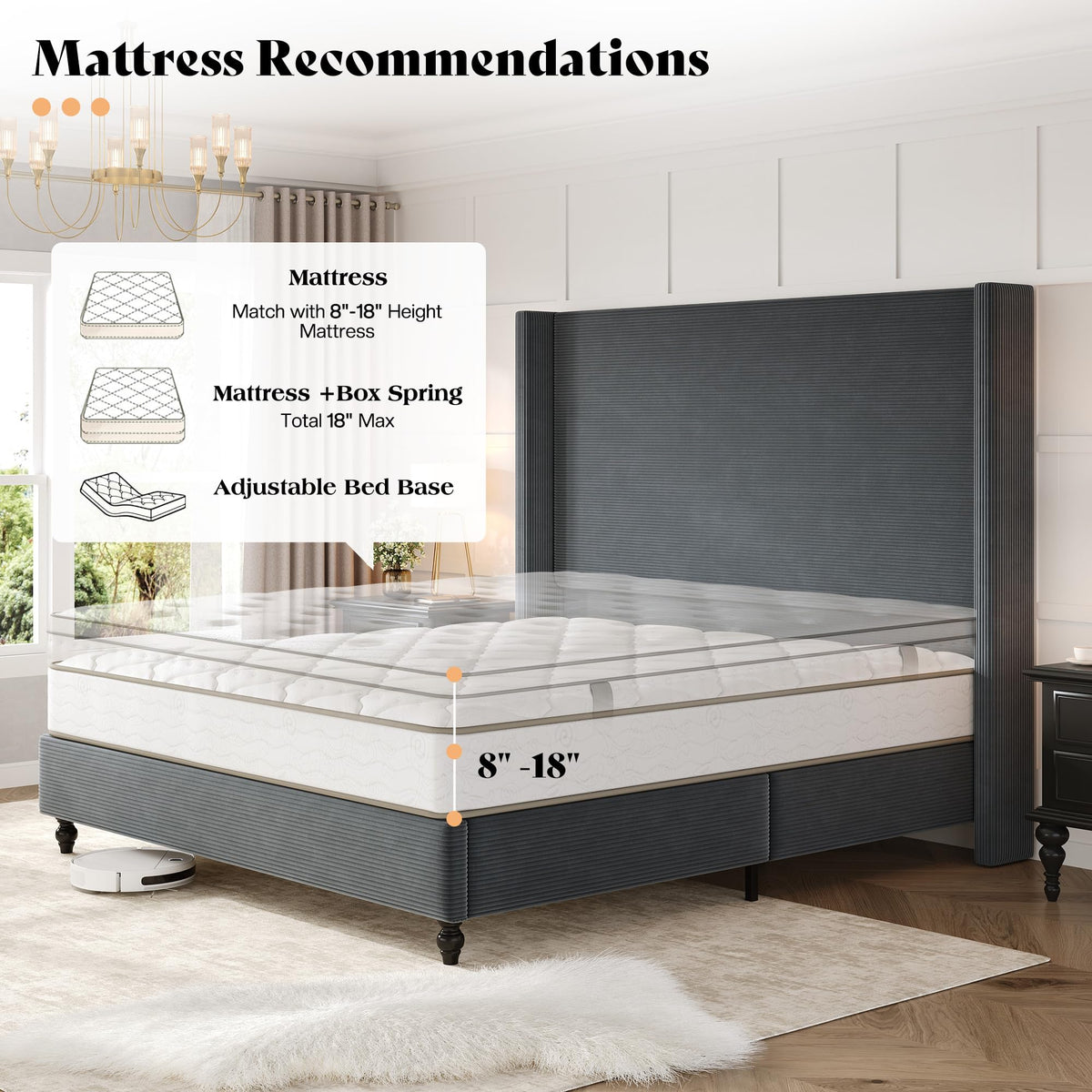 Cordelle Corduroy Wingback Bed Frame-King-Dark Grey